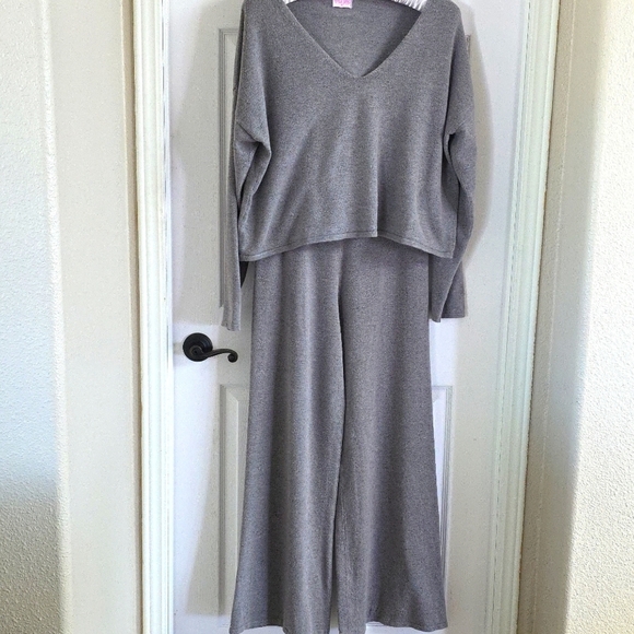 PINK LILY PlusSize(2XL) GRAY CROPPED/WIDE LEG/HIGH WAIST/ LOUNGE SWEATER SET - Picture 1 of 11